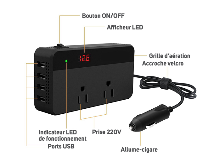 Adaptateur Prise Secteur Allume Cigare 12V avec LED Indicatrice de charge -  Noir - Français