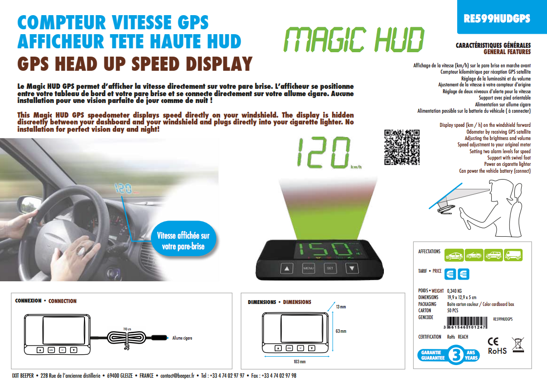 Affichage Tête Haute, Affichage Tête Haute Universel Automatique HUD  Projecteur Multifonctionnel Compteur de Vitesse GPS Charge Solaire